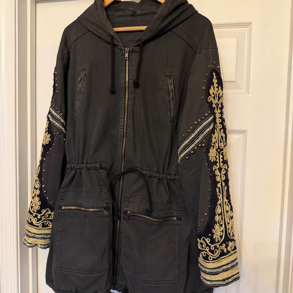Free People Charcoal Embroidered Military style Jacket